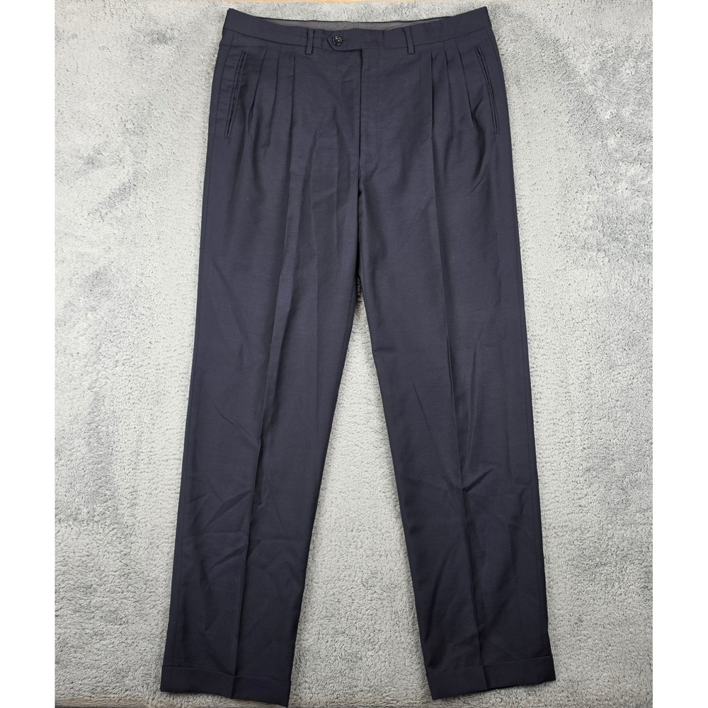 Canali Dress Pants Mens 36x32 Navy Blue Pure Wool Double Pleated Cuffed Italian